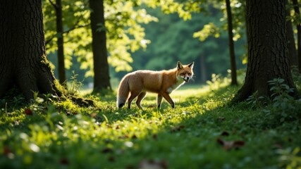 A fox is walking through a forest with green grass and trees