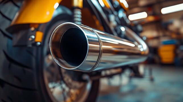 Close-up of a gleaming chrome motorcycle exhaust pipe