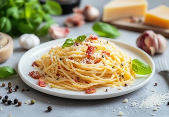 Delicious and Fresh Spaghetti with Cheese, Garlic, Herbs, and Bacon on a White Plate Surrounded by Ingredients in an Inviting Kitchen Setting