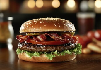 Delicious and Juicy Bacon Cheeseburger on Sesame Seed Bun with Fresh Lettuce, Tomato, Pickles, and Condiments in Cozy Restaurant Setting