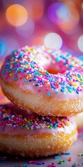 Stack of Delicious Donuts with Pink Frosting and Colorful Sprinkles