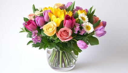Vibrant spring bouquet of tulips, roses, and daisies in a clear glass vase. (2)