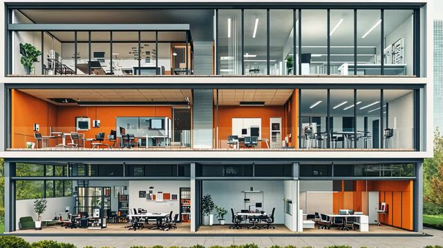 Modern Office Building Cross Section, Interior Workspace Architecture Visualization