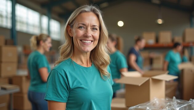Smiling volunteer woman in charitable foundation. Group people work at donations. Team helping sort items for needy. Volunteers packing goods, boxes. Charity, humanitarian aid, social support in