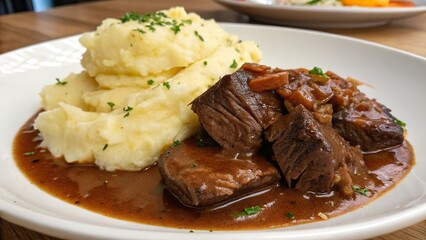 Delicious braised beef served with creamy mashed potatoes in a cozy dining setting