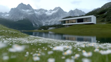Modern chalet nestled in a mountain meadow by a serene lake