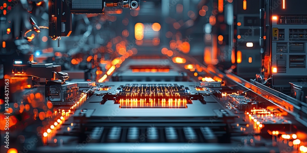 Poster a robotic assembly line in a cyberpunk world, showcasing advanced automation, glowing circuitry, and