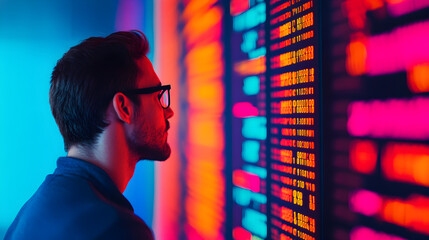 Data analyst observing digital information displays in modern office environment