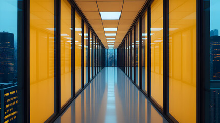 Fototapeta premium Contemporary office corridor in a high-rise urban setting a minimalist approach