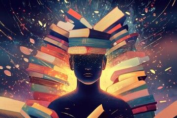 concept illustration of a figure surrounded by books and learning materials enveloped in a warm glow symbolizing the transformative power of education and knowledge
