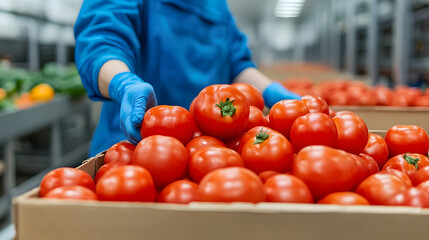 Tomato harvesting process food processing facility image indoor close-up agriculture