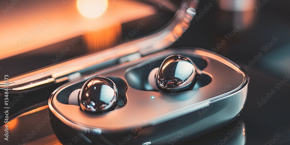 Poster wireless earbuds charging in their case, focusing on the polished finish and advanced audio technolo