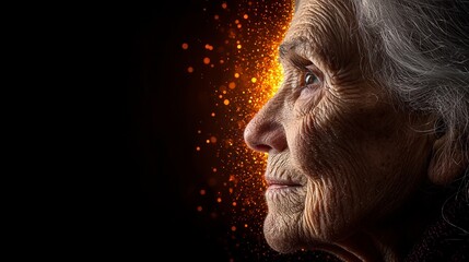 Obraz premium Elderly Woman Profile Golden Light Wrinkles Wisdom Age Portrait