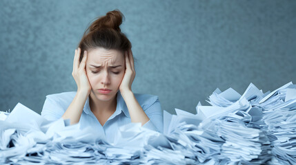 Overwhelmed by paperwork a young woman's struggle in a busy office environment
