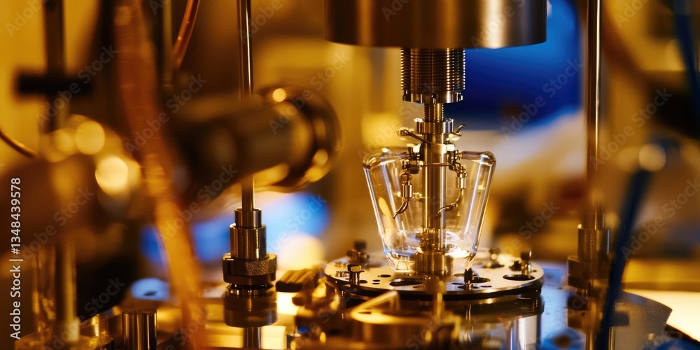 Poster a chemical reactor in operation, with catalysts and reactants flowing through pipes and valves, showcasing engineering precision.