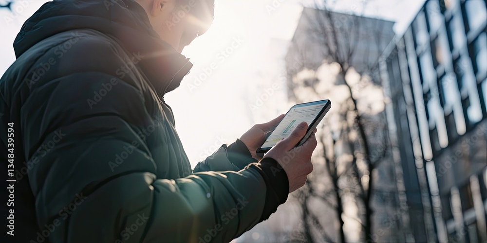 Poster an environmental researcher testing air quality in an urban area, with data shown on portable device