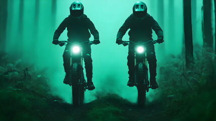Fototapeta premium Low angle action photography thrilling exploration of forest biking trails