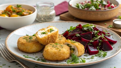 Delightful brambor ky served with vibrant beetroot and fresh side dishes for a wholesome meal experience