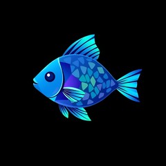Minimalist bright fish print design on black t-shirt featuring blue and cyan colors
