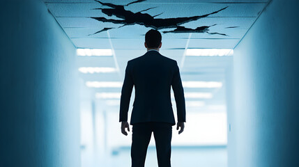Mysterious crack in office ceiling urban environment dramatic scene suspense viewpoint