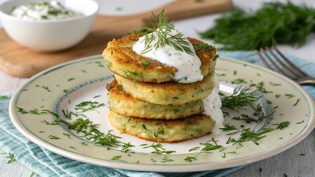 Delicious brambor ky with dill and sour cream served on a plate with fresh herbs