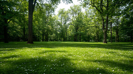 Lush Green Meadow Scene With Sunlight Through Canopy Of Trees In Sunny Day With Long Shadows