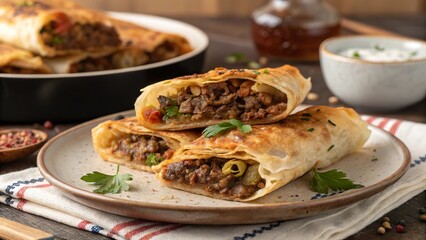 Delicious beef and onion filled pastries served with fresh herbs on a rustic wooden table