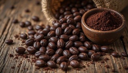 Fototapeta premium Roasted Coffee Beans and Ground Coffee on Rustic Wooden Table