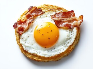 Delicious breakfast featuring a perfectly cooked sunny side up egg on a flaky pastry base with crispy bacon strips and a sprinkle of black pepper