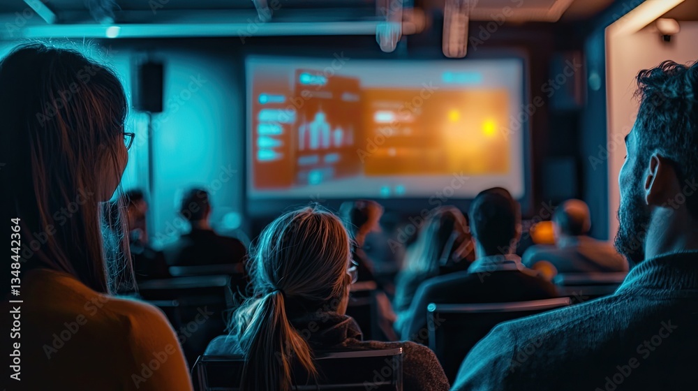 Poster a startup showcase featuring a modern product displayed on a screen with audience reactions.