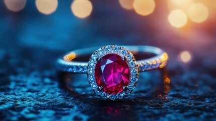 Naklejka premium A sparkling ring with a radiant ruby stone and small diamonds