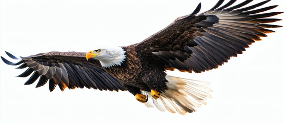 Fototapeta premium Majestic Bald Eagle Soaring Through Air With Open Wings Against Clear White Background In Natural Sunlight