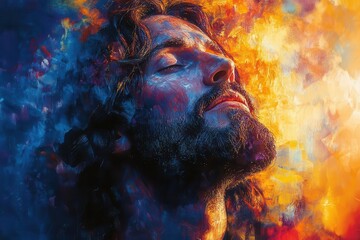 Obraz premium contemporary abstract portrait of christ vibrant fractals and geometric patterns dynamic color transitions from deep blues to golden light
