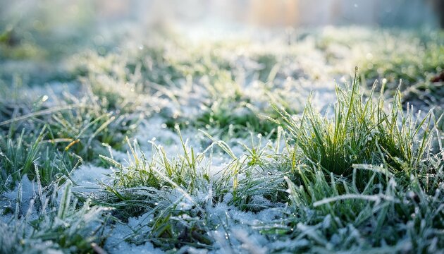 green grass covered with frost winter or autumn background with plants covered with snow