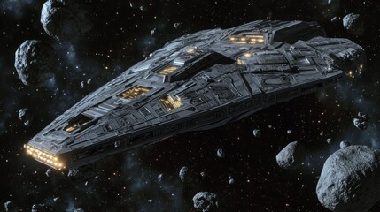 Futuristic spaceship amidst asteroid field in deep space