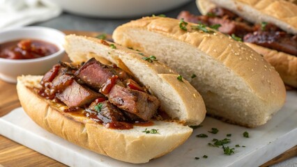 Delicious close-up of bifanas served in a soft Portuguese roll with sauce and garnishes
