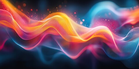 An abstract scene where geometric patterns burst forth with a spectrum of bright, colorful elements, arranging various shapes in a fluid and harmonious manner to convey m