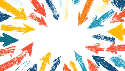 Poster, card or a banner with different sketchy arrows pointing to the center, template for text. Isolated vector illustration