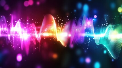 Obraz premium colorful sound waves, fluid energy, vibrant neon spectrum, dynamic motion, immersive psychedelic visuals, cosmic frequency, meditative vibration, abstract flow, glowing audio patterns, wide.