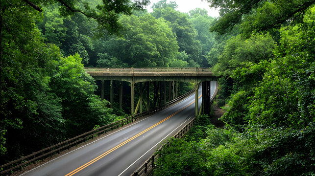 Concrete Bridge Over Asphalt Road Through Lush Green Forest During Daylight