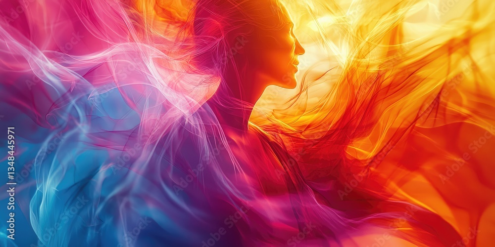 Poster An abstract scene where geometric patterns burst forth with a spectrum of bright, colorful elements, arranging various shapes in a fluid and harmonious manner to convey m