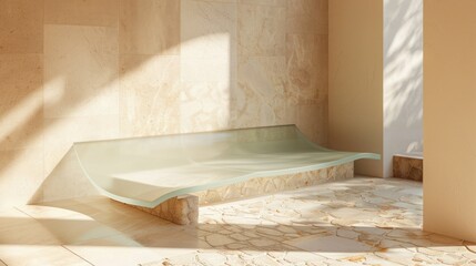 Modern, light-filled relaxation lounge in a beige, marble-patterned interior