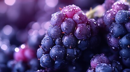 Close-Up of Ripe Fresh Purple Blackberries with Dew Drops