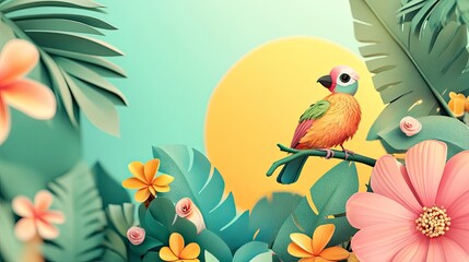 Fototapeta premium Vibrant Parrot Perched on Branch Among Tropical Flowers and Leaves