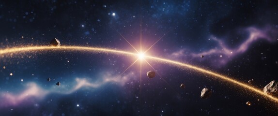Obraz premium Golden asteroid belt cosmic dust and space rocks orbiting a bright star in a vast universe.