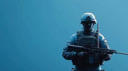 Fototapeta premium Soldier Holding Rifle Wearing Full Tactical Gear on Blue Background