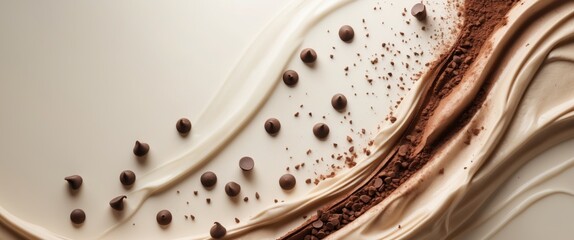 Obraz premium Rich Creamy Chocolate Swirl Background with Cocoa Powder and Chocolate Chips