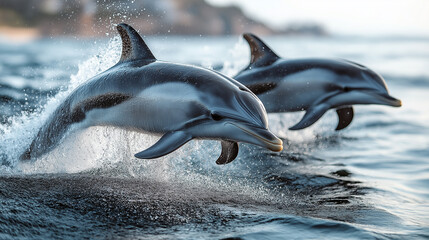 Obraz premium Pair of Wild Dolphins Swimming and Leaping in Sea.