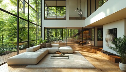 Fototapeta premium Modern open-plan living room, forest view, natural light, relaxing interior