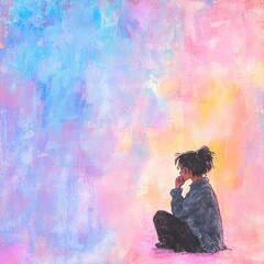 Fototapeta premium Thoughtful woman planning Christmas holidays on pastel watercolor background